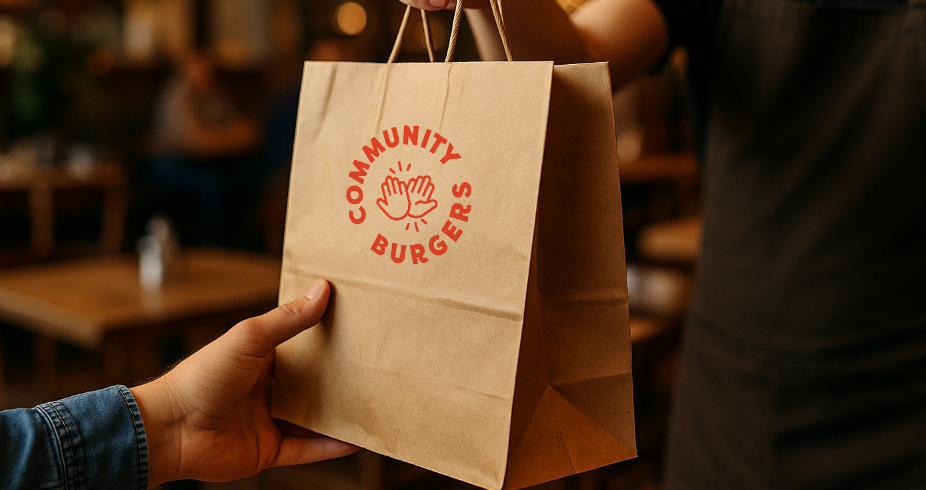 A food delivery bag being handed out at Community Burgers Napier